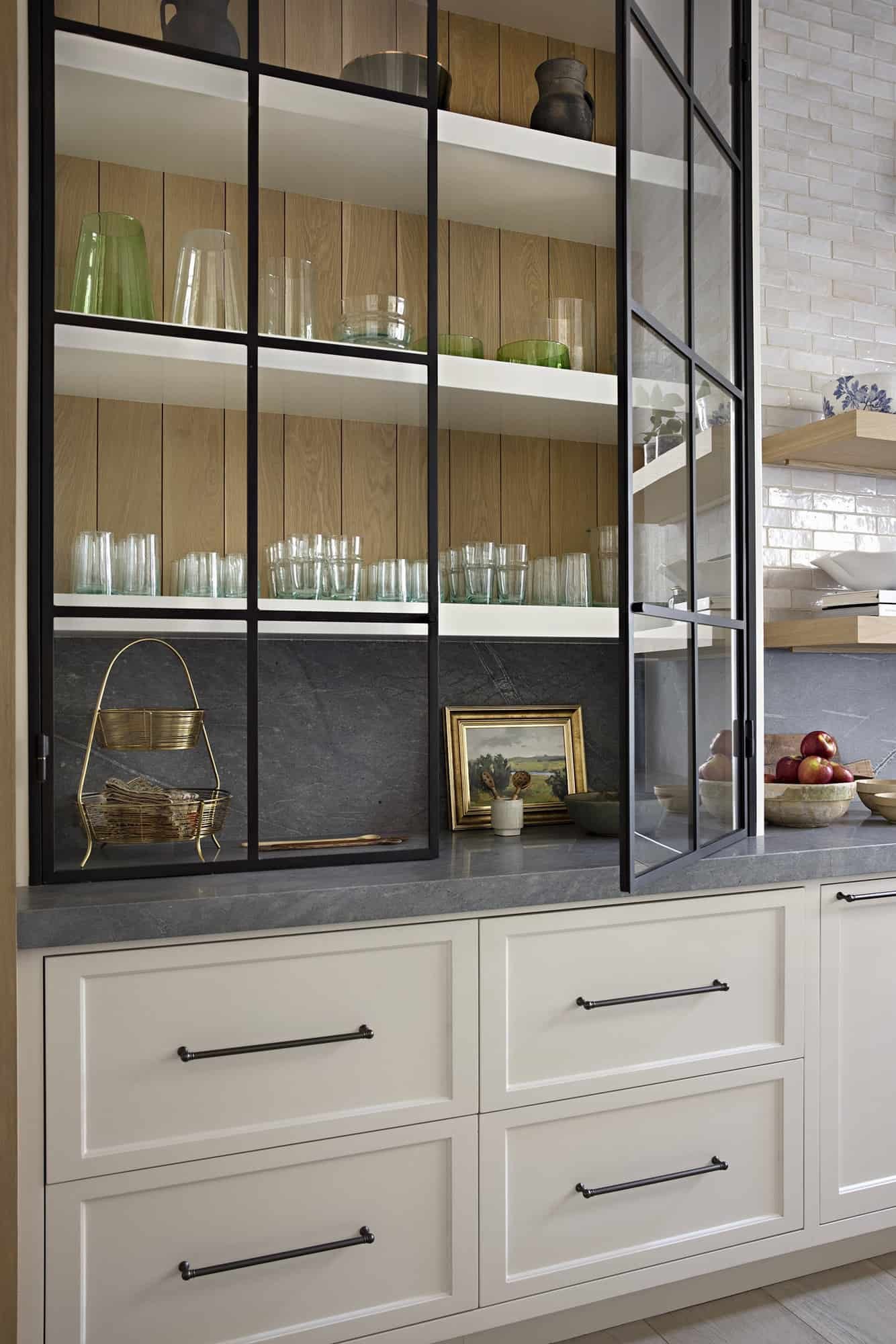 Vast modern farmhouse kitchen glass steel cabinet doors