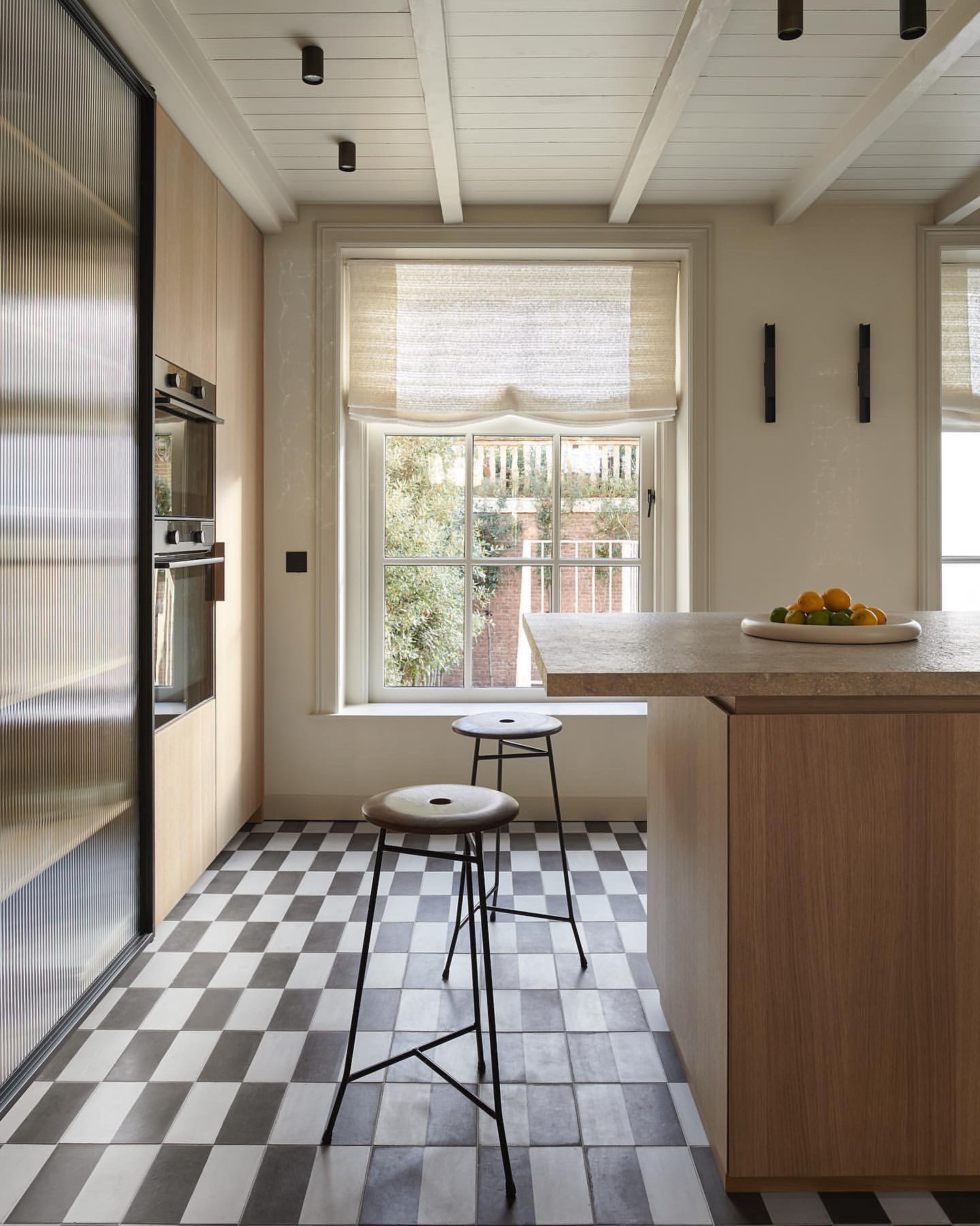 Modern Kitchen Design, Checker tiles , fluted glass cabinets and beams on ceiling, spot lights
