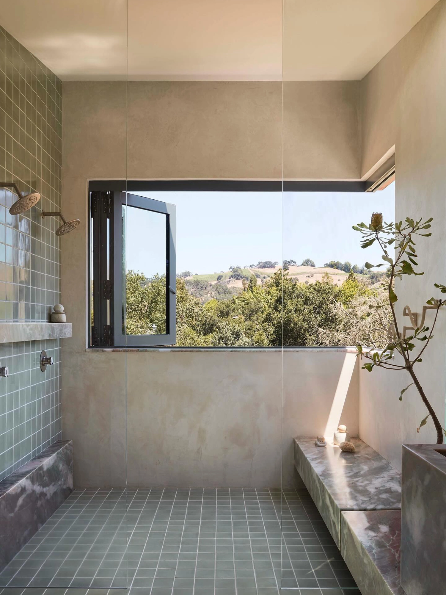 beautiful interior design accomplished with this spa shower with large window